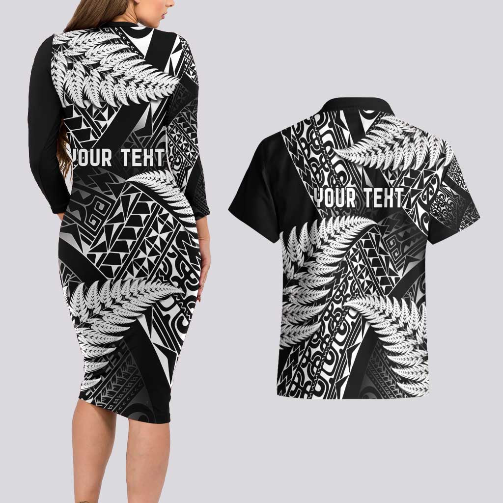 New Zealand Rugby Pacific Personalised Couples Matching Long Sleeve Bodycon Dress and Hawaiian Shirt All Black Maori Pasifika Fern Pattern