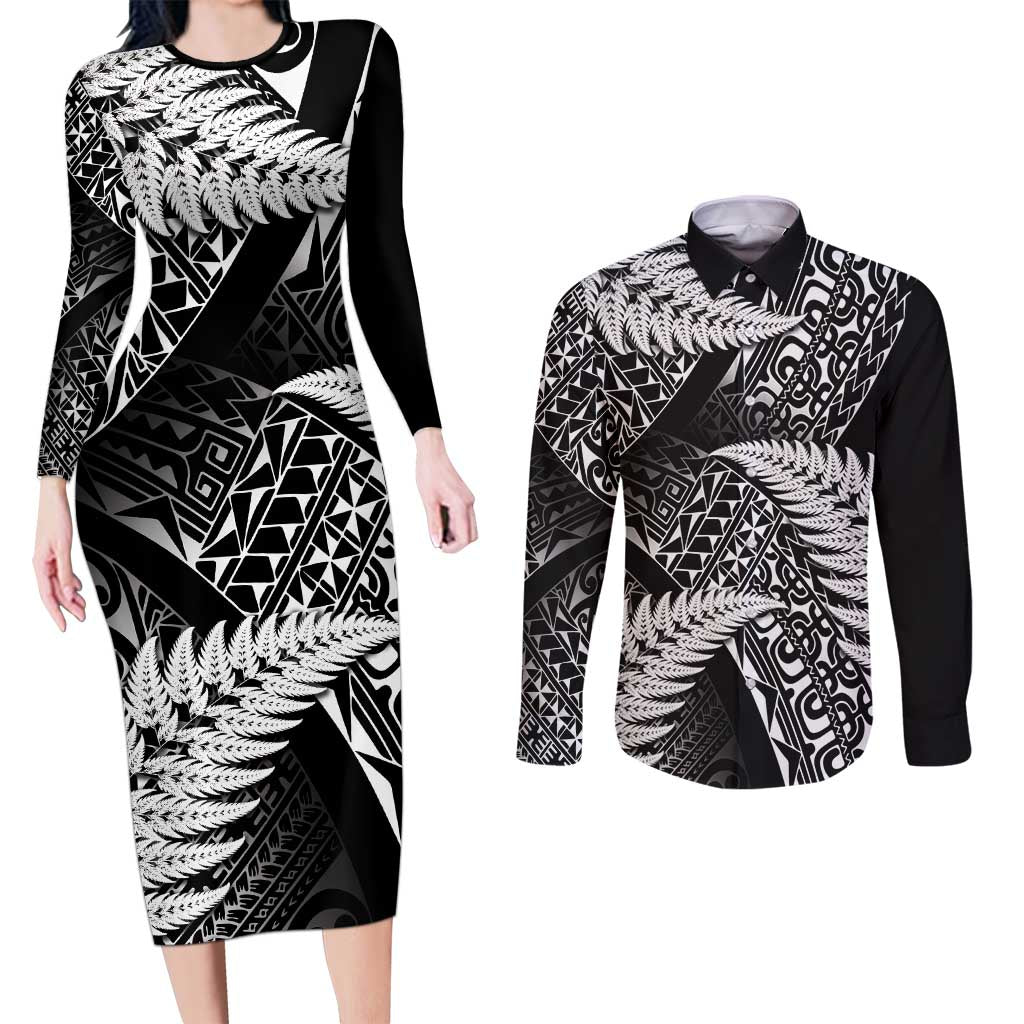 New Zealand Rugby Pacific Personalised Couples Matching Long Sleeve Bodycon Dress and Long Sleeve Button Shirt All Black Maori Pasifika Fern Pattern