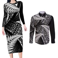 New Zealand Rugby Pacific Personalised Couples Matching Long Sleeve Bodycon Dress and Long Sleeve Button Shirt All Black Maori Pasifika Fern Pattern