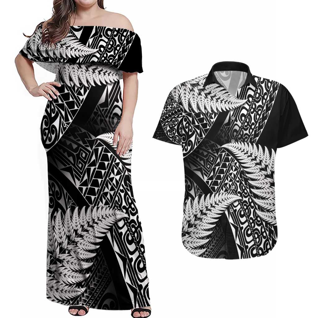 New Zealand Rugby Pacific Personalised Couples Matching Off Shoulder Maxi Dress and Hawaiian Shirt All Black Maori Pasifika Fern Pattern