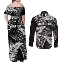 New Zealand Rugby Pacific Personalised Couples Matching Off Shoulder Maxi Dress and Long Sleeve Button Shirt All Black Maori Pasifika Fern Pattern