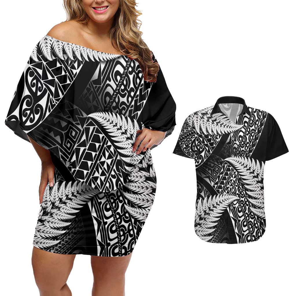 New Zealand Rugby Pacific Personalised Couples Matching Off Shoulder Short Dress and Hawaiian Shirt All Black Maori Pasifika Fern Pattern