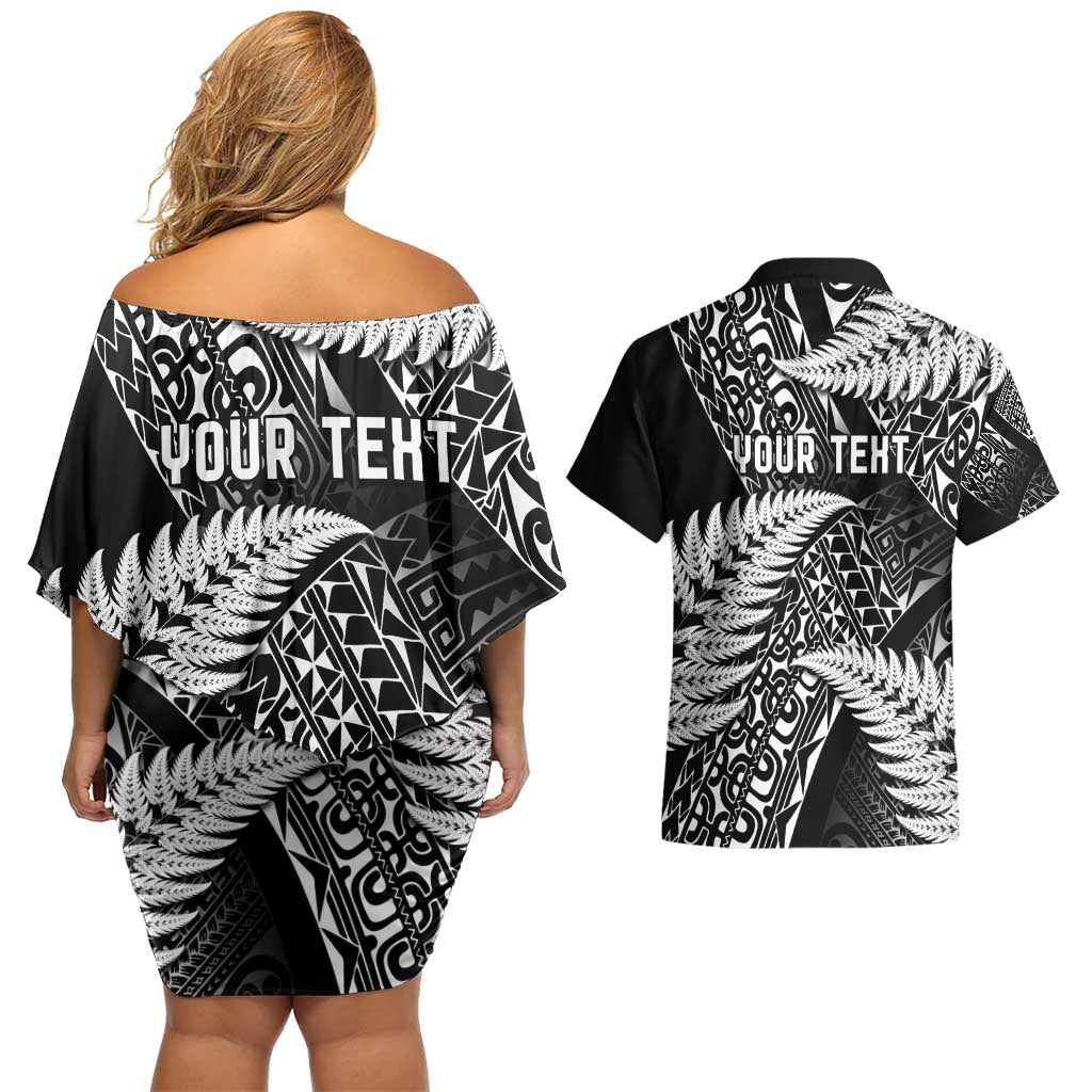 New Zealand Rugby Pacific Personalised Couples Matching Off Shoulder Short Dress and Hawaiian Shirt All Black Maori Pasifika Fern Pattern