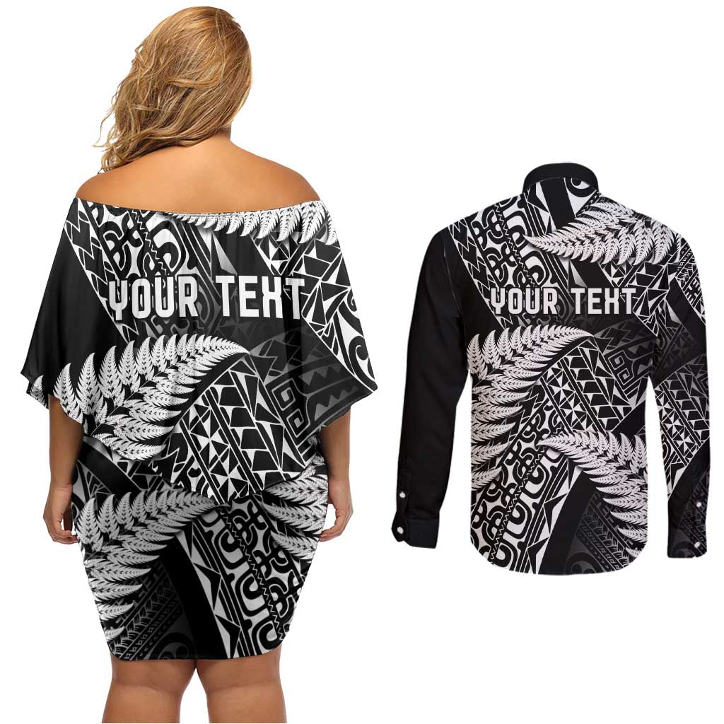 New Zealand Rugby Pacific Personalised Couples Matching Off Shoulder Short Dress and Long Sleeve Button Shirt All Black Maori Pasifika Fern Pattern
