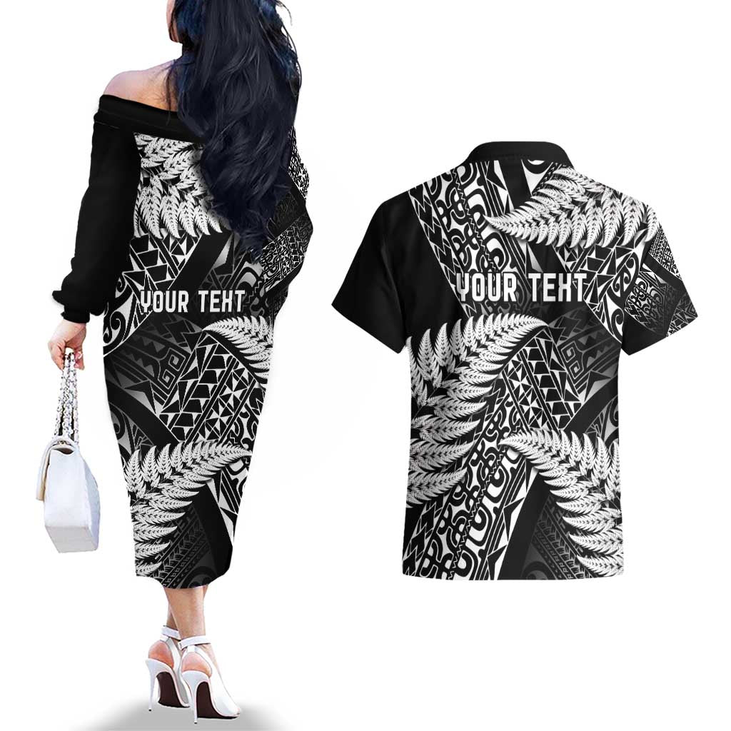New Zealand Rugby Pacific Personalised Couples Matching Off The Shoulder Long Sleeve Dress and Hawaiian Shirt All Black Maori Pasifika Fern Pattern