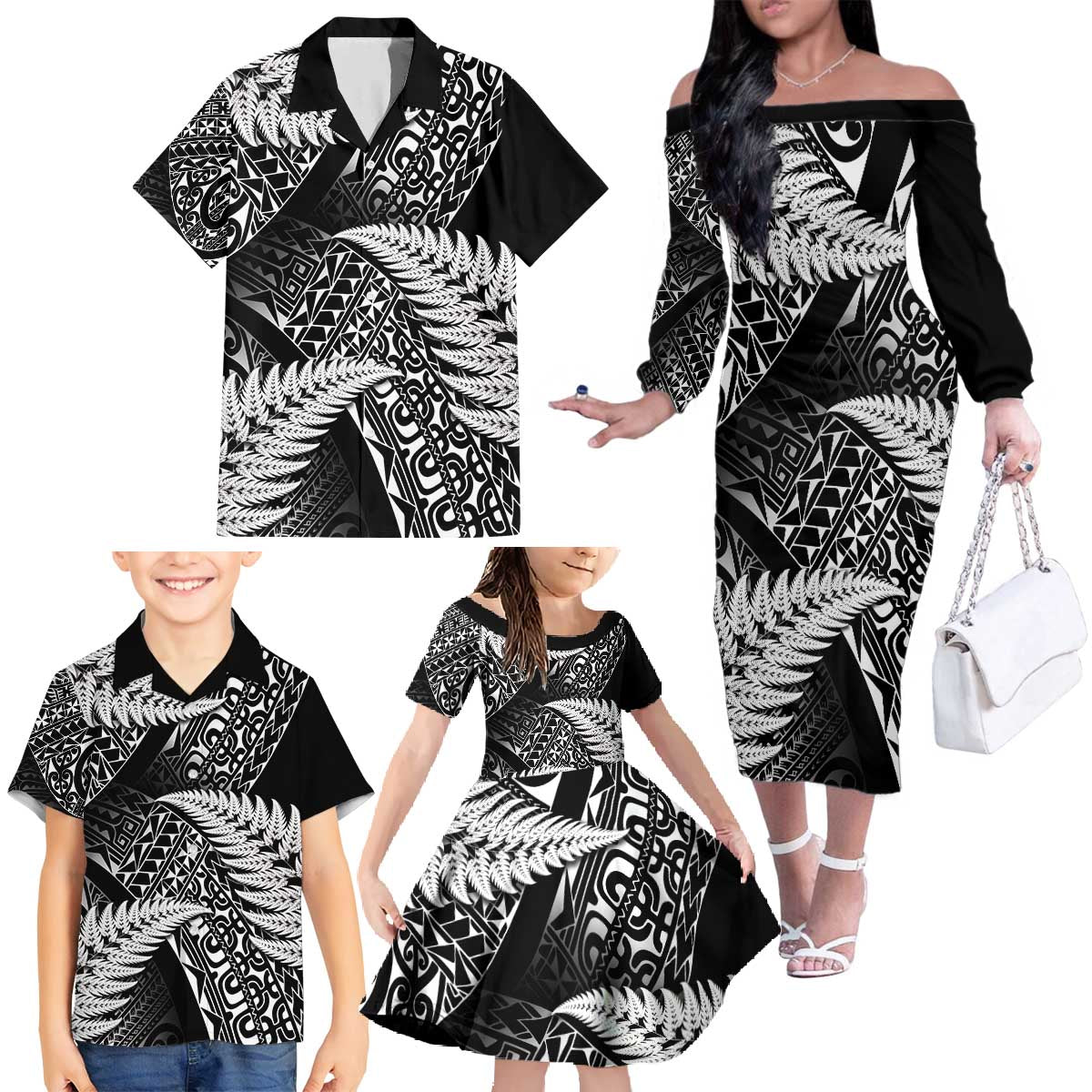 New Zealand Rugby Pacific Personalised Family Matching Off The Shoulder Long Sleeve Dress and Hawaiian Shirt All Black Maori Pasifika Fern Pattern
