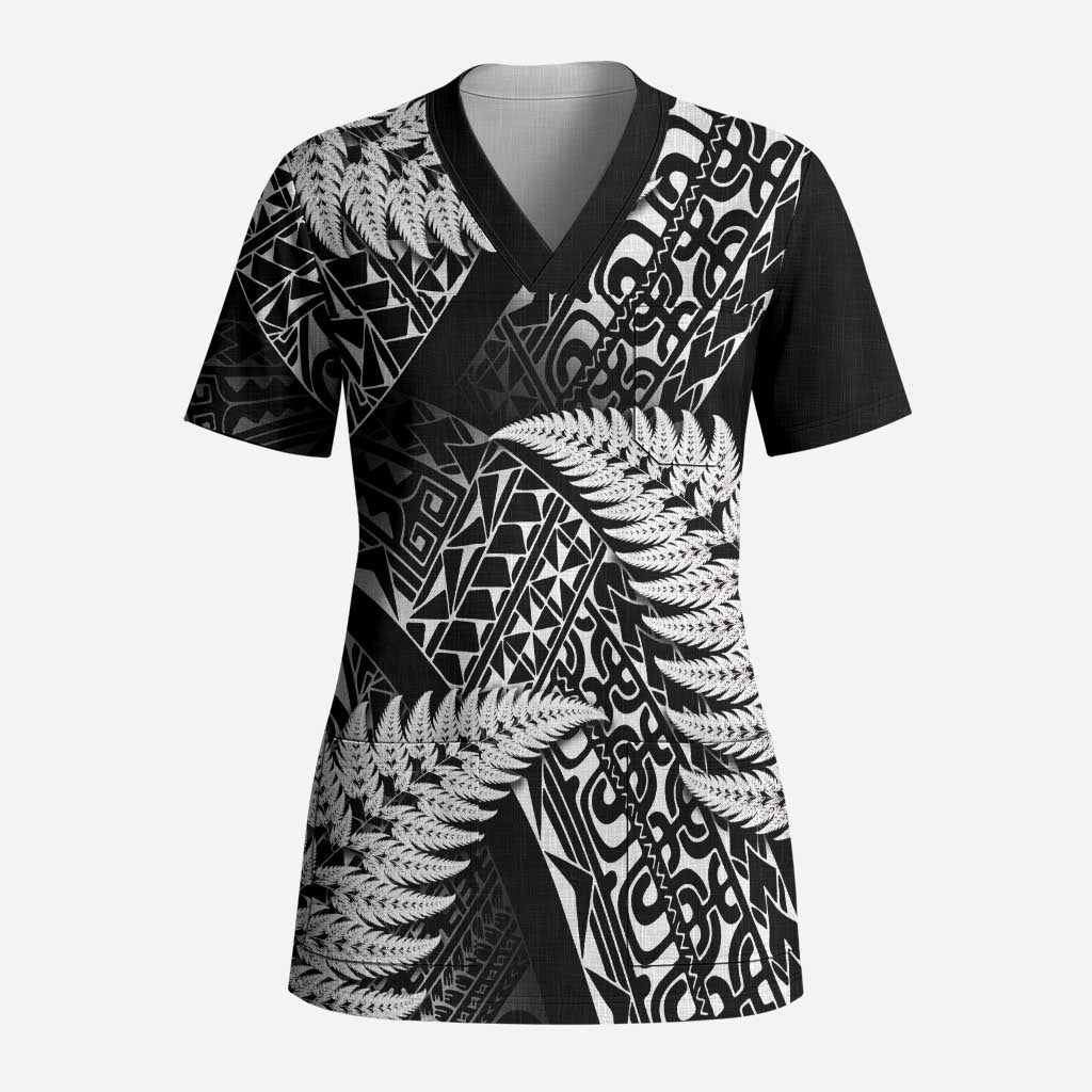 New Zealand Rugby Pacific Personalised Scrub Top All Black Maori Pasifika Fern Pattern - Polynesian Pride