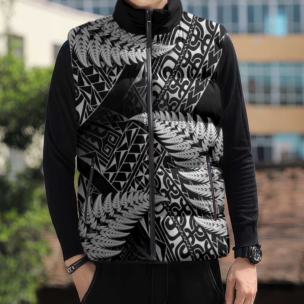 New Zealand Rugby Pacific Personalised Sleeveless Puffer Jacket All Black Maori Pasifika Fern Pattern - Polynesian Pride