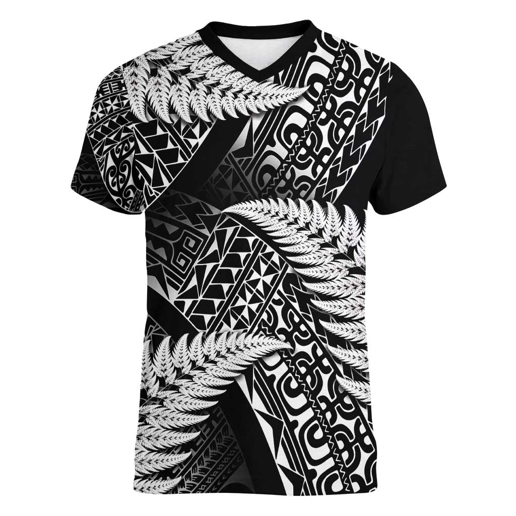 New Zealand Rugby Pacific Personalised Women V-Neck T-Shirt All Black Maori Pasifika Fern Pattern