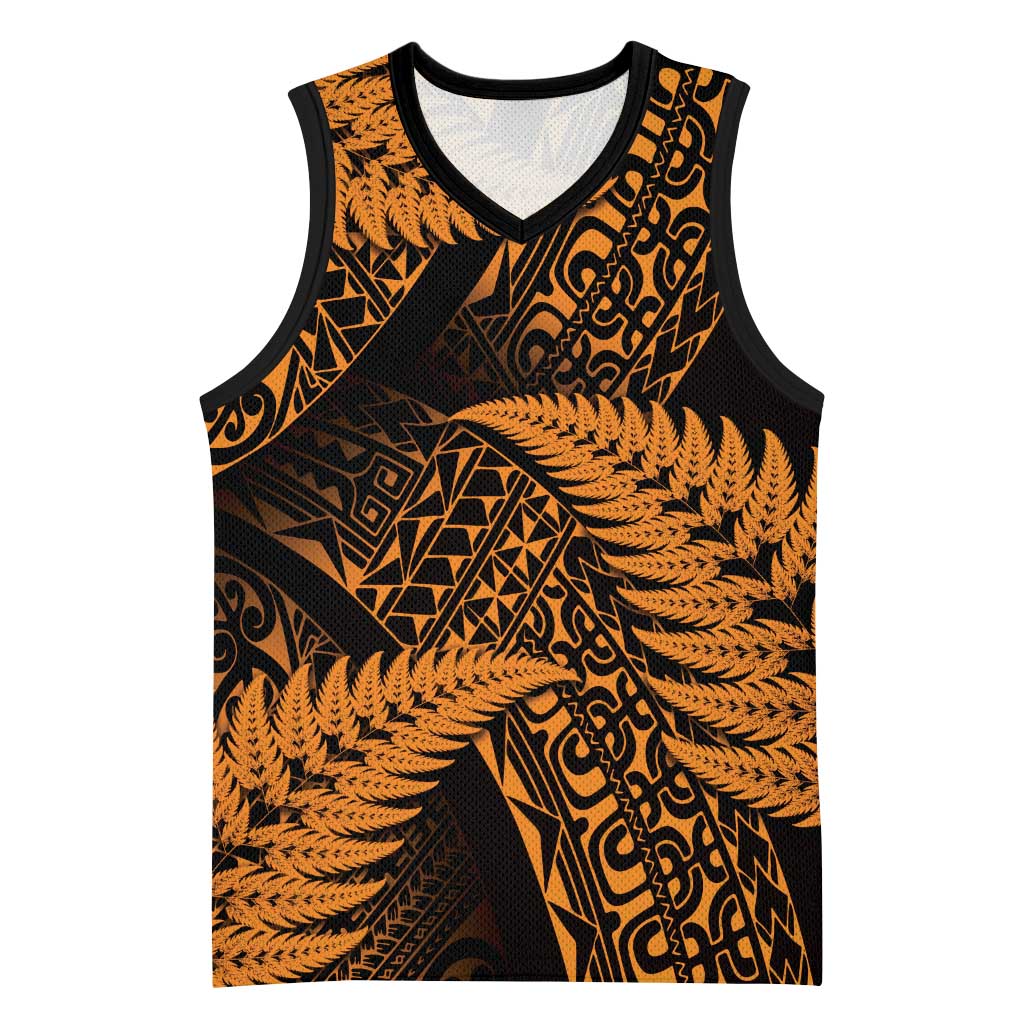 New Zealand Rugby Pacific Personalised Basketball Jersey All Gold Maori Pasifika Fern Pattern - Polynesian Pride