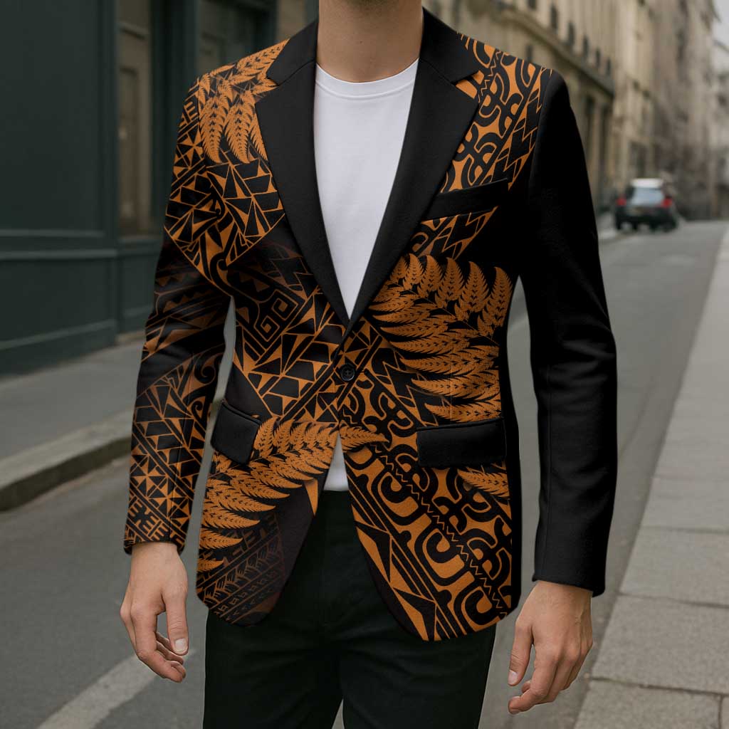 New Zealand Rugby Pacific Personalised Blazer All Gold Maori Pasifika Fern Pattern - Polynesian Pride