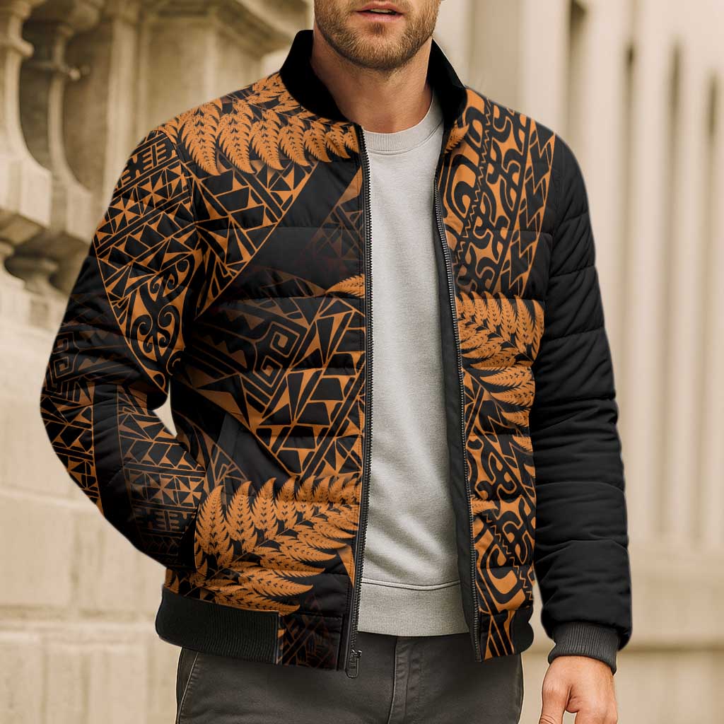 New Zealand Rugby Pacific Personalised Bomber Puffer Jacket All Gold Maori Pasifika Fern Pattern - Polynesian Pride