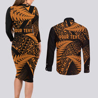 New Zealand Rugby Pacific Personalised Couples Matching Long Sleeve Bodycon Dress and Long Sleeve Button Shirt All Gold Maori Pasifika Fern Pattern