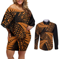 New Zealand Rugby Pacific Personalised Couples Matching Off Shoulder Short Dress and Long Sleeve Button Shirt All Gold Maori Pasifika Fern Pattern