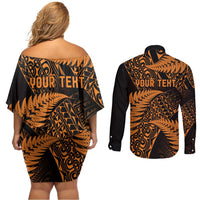 New Zealand Rugby Pacific Personalised Couples Matching Off Shoulder Short Dress and Long Sleeve Button Shirt All Gold Maori Pasifika Fern Pattern