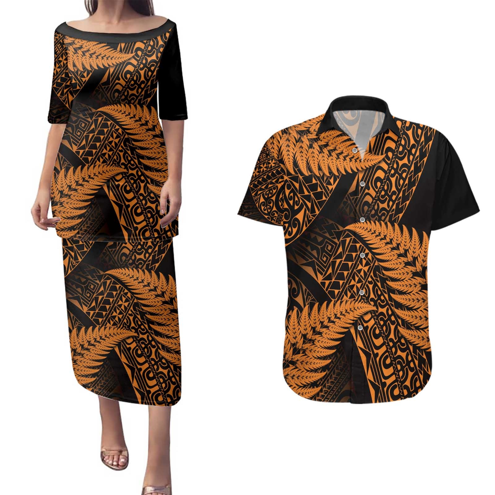 New Zealand Rugby Pacific Personalised Couples Matching Puletasi and Hawaiian Shirt All Gold Maori Pasifika Fern Pattern