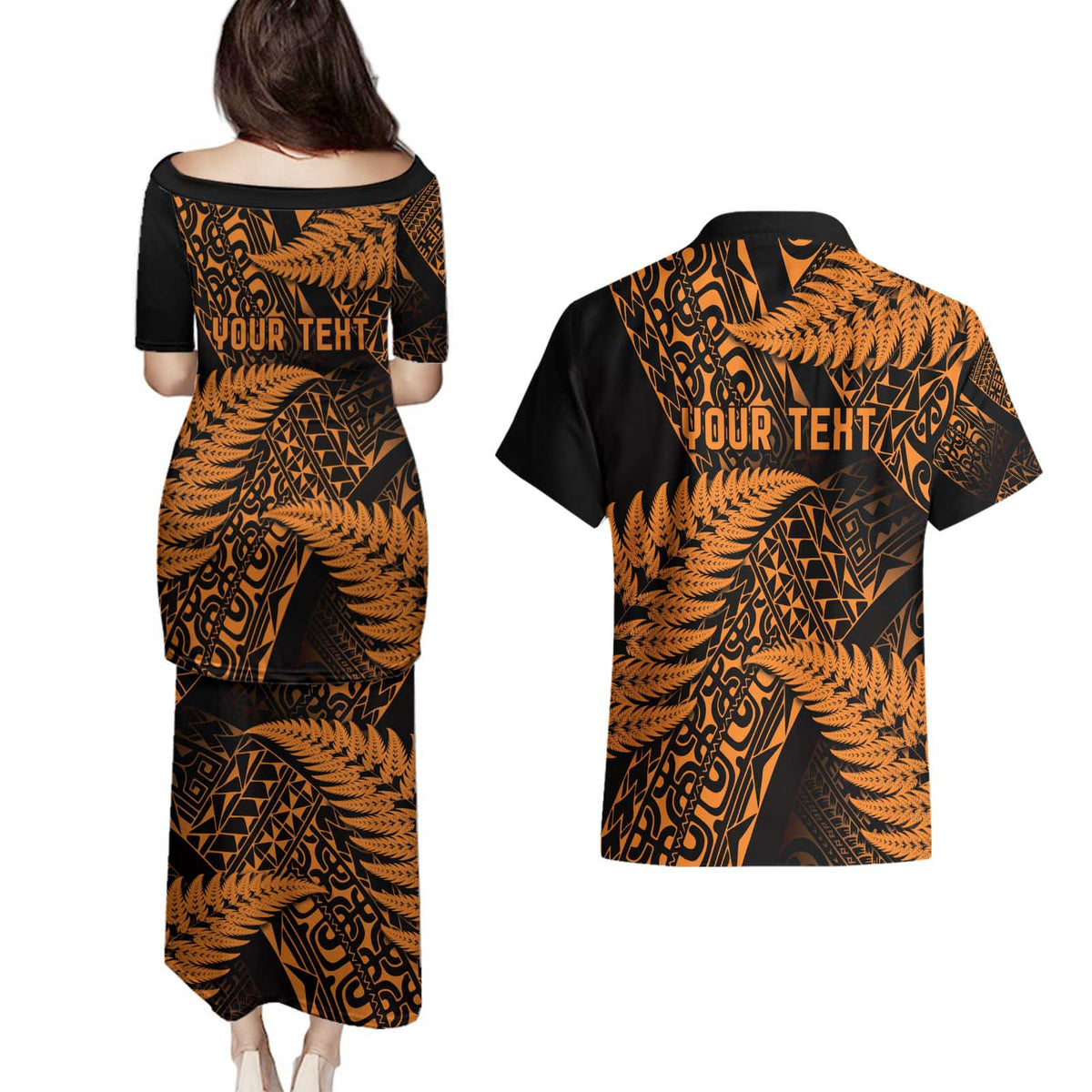 New Zealand Rugby Pacific Personalised Couples Matching Puletasi and Hawaiian Shirt All Gold Maori Pasifika Fern Pattern