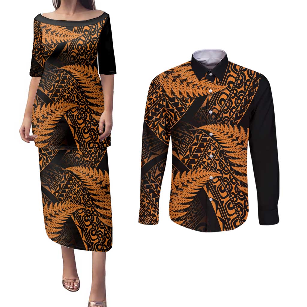 New Zealand Rugby Pacific Personalised Couples Matching Puletasi and Long Sleeve Button Shirt All Gold Maori Pasifika Fern Pattern