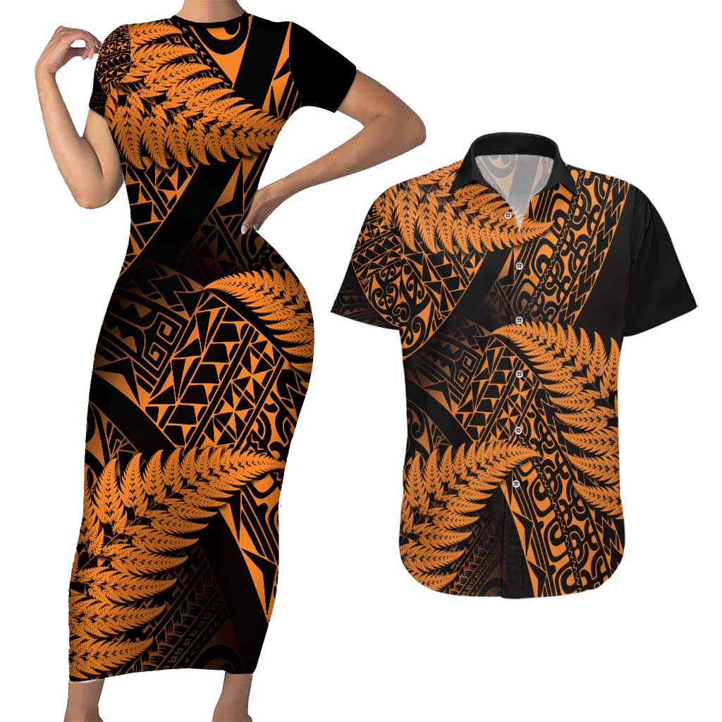 New Zealand Rugby Pacific Personalised Couples Matching Short Sleeve Bodycon Dress and Hawaiian Shirt All Gold Maori Pasifika Fern Pattern