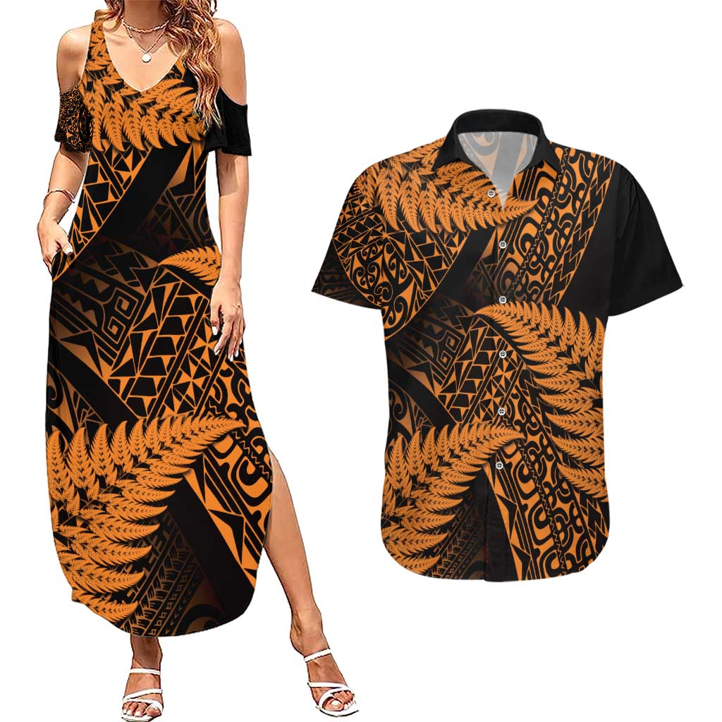 New Zealand Rugby Pacific Personalised Couples Matching Summer Maxi Dress and Hawaiian Shirt All Gold Maori Pasifika Fern Pattern