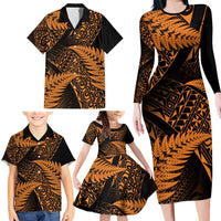 New Zealand Rugby Pacific Personalised Family Matching Long Sleeve Bodycon Dress and Hawaiian Shirt All Gold Maori Pasifika Fern Pattern