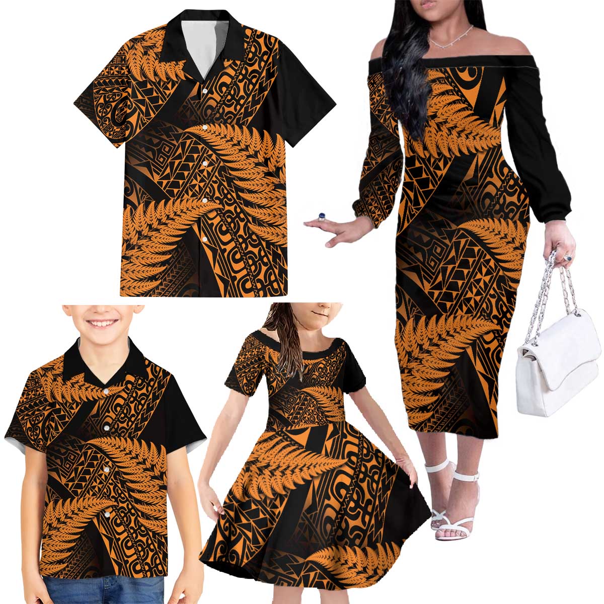 New Zealand Rugby Pacific Personalised Family Matching Off The Shoulder Long Sleeve Dress and Hawaiian Shirt All Gold Maori Pasifika Fern Pattern