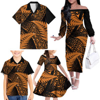 New Zealand Rugby Pacific Personalised Family Matching Off The Shoulder Long Sleeve Dress and Hawaiian Shirt All Gold Maori Pasifika Fern Pattern