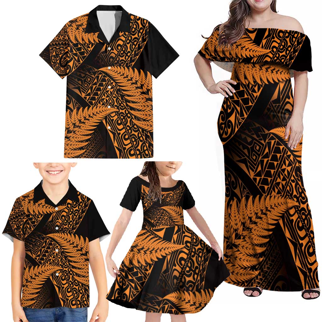 New Zealand Rugby Pacific Personalised Family Matching Off Shoulder Maxi Dress and Hawaiian Shirt All Gold Maori Pasifika Fern Pattern
