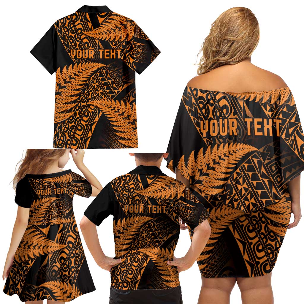 New Zealand Rugby Pacific Personalised Family Matching Off Shoulder Short Dress and Hawaiian Shirt All Gold Maori Pasifika Fern Pattern