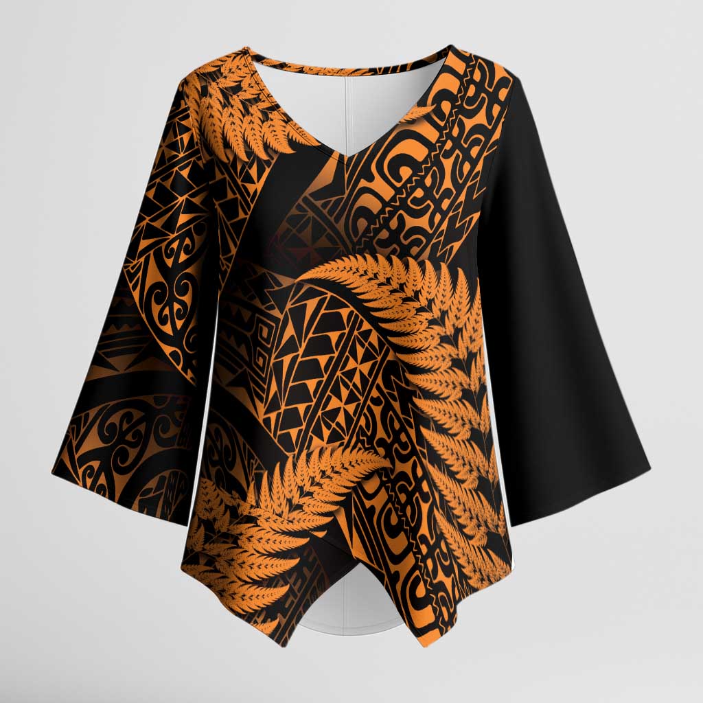 New Zealand Rugby Pacific Personalised Kimono Sleeve Blouse All Gold Maori Pasifika Fern Pattern - Polynesian Pride