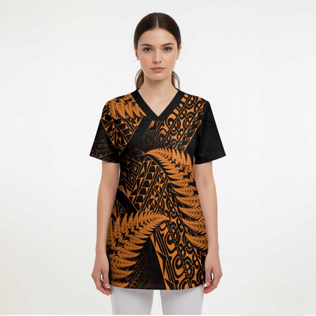 New Zealand Rugby Pacific Personalised Scrub Top All Gold Maori Pasifika Fern Pattern - Polynesian Pride