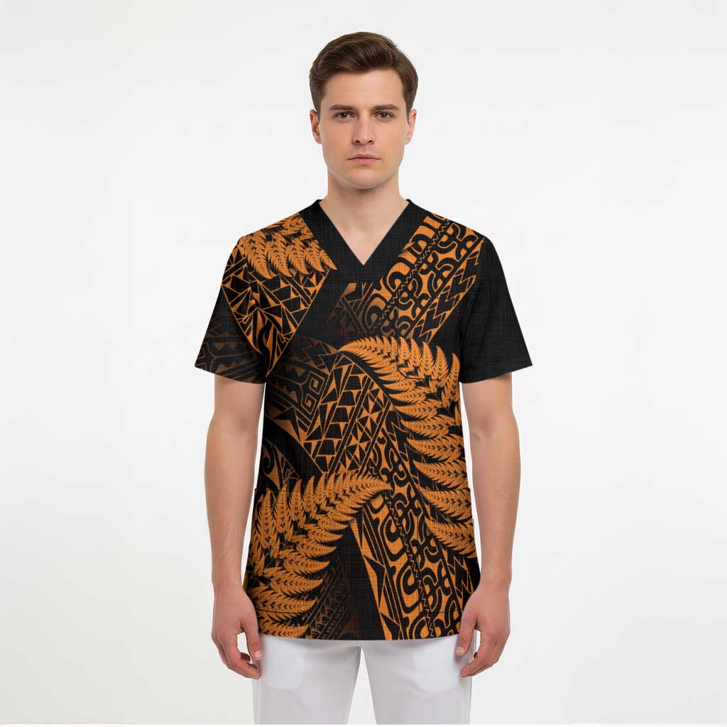 New Zealand Rugby Pacific Personalised Scrub Top All Gold Maori Pasifika Fern Pattern - Polynesian Pride