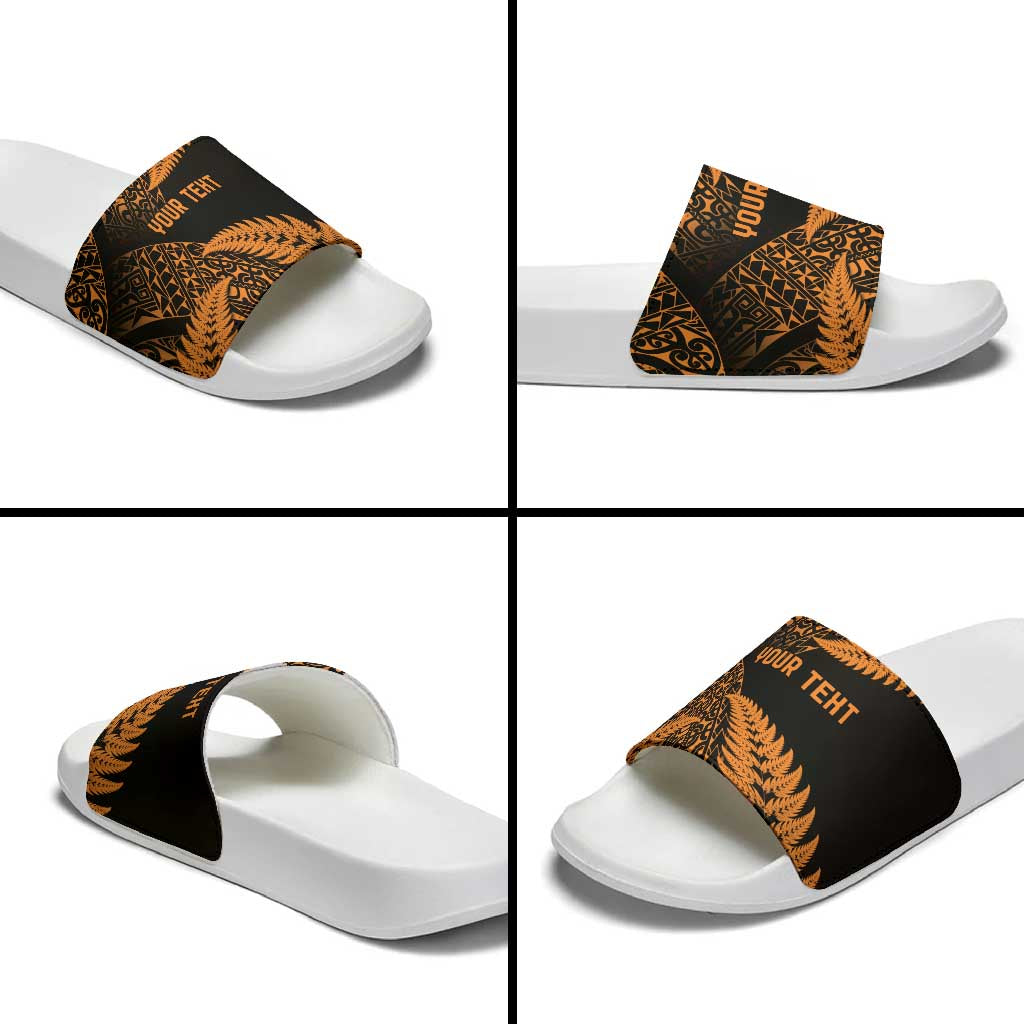 New Zealand Rugby Pacific Personalised Slide Sandals All Gold Maori Pasifika Fern Pattern - Polynesian Pride