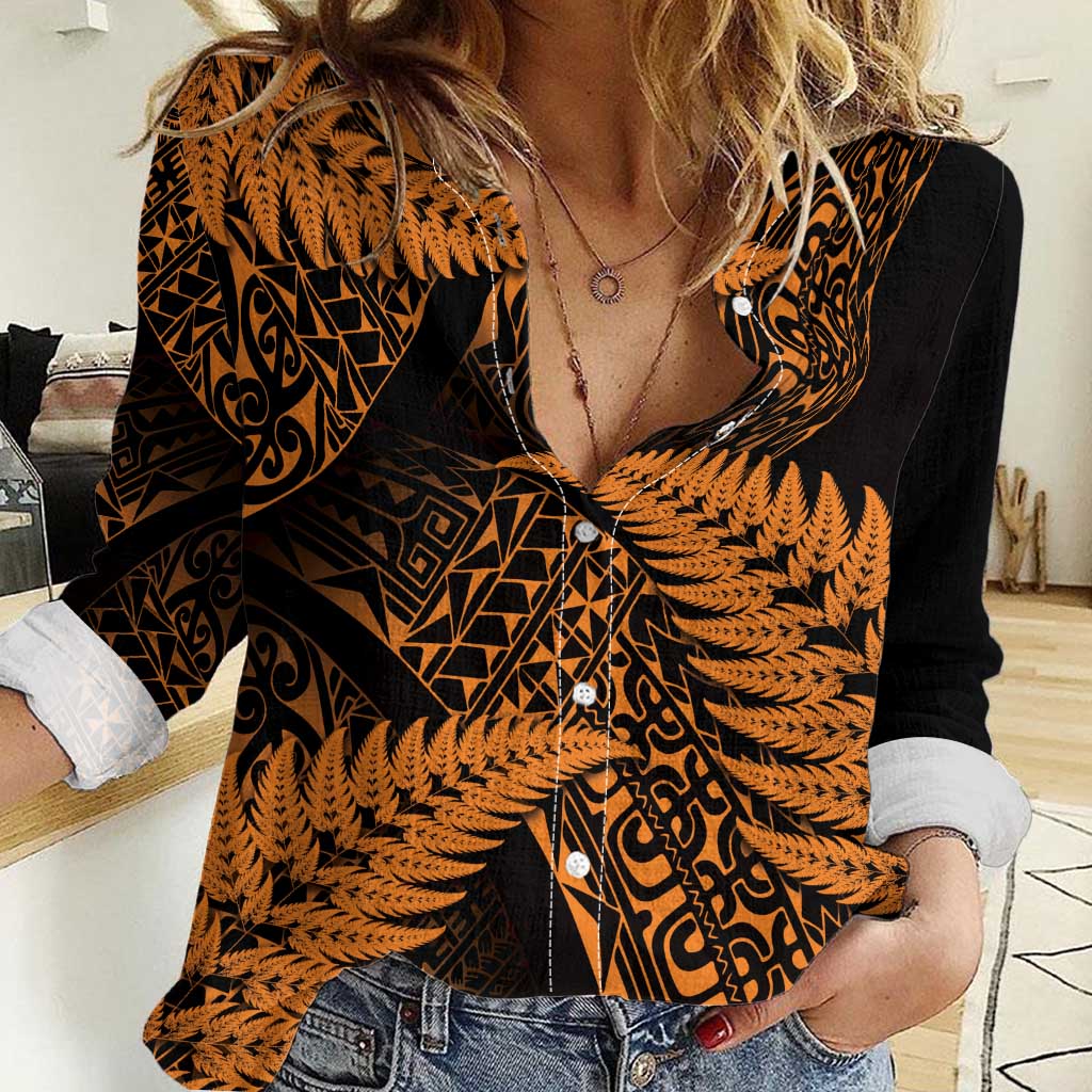 New Zealand Rugby Pacific Personalised Women Casual Shirt All Gold Maori Pasifika Fern Pattern