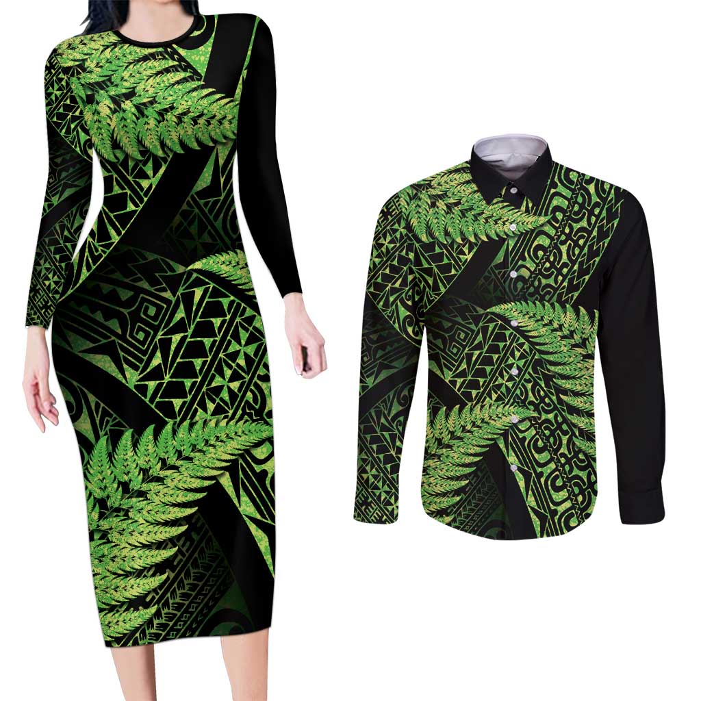 New Zealand Rugby Pacific Personalised Couples Matching Long Sleeve Bodycon Dress and Long Sleeve Button Shirt All Lime Maori Pasifika Fern Pattern
