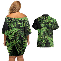 New Zealand Rugby Pacific Personalised Couples Matching Off Shoulder Short Dress and Hawaiian Shirt All Lime Maori Pasifika Fern Pattern