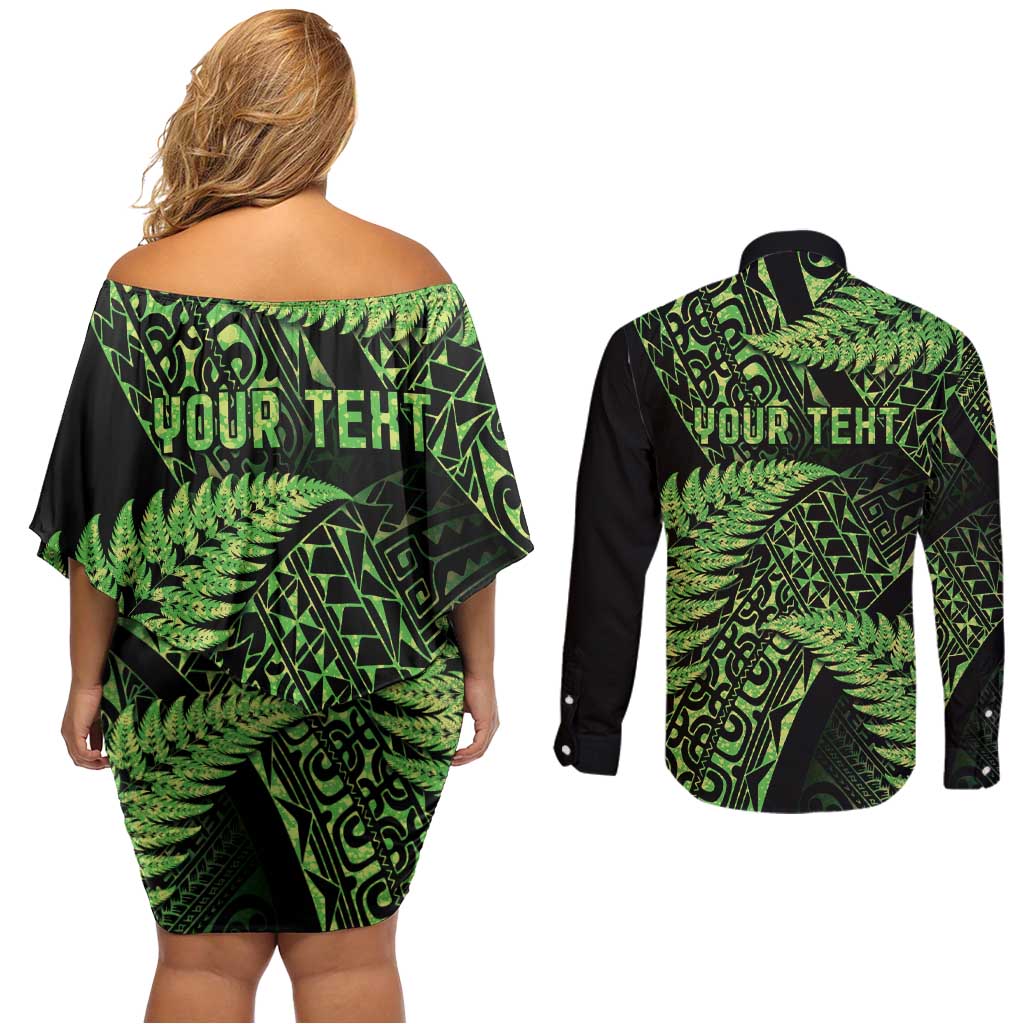 New Zealand Rugby Pacific Personalised Couples Matching Off Shoulder Short Dress and Long Sleeve Button Shirt All Lime Maori Pasifika Fern Pattern