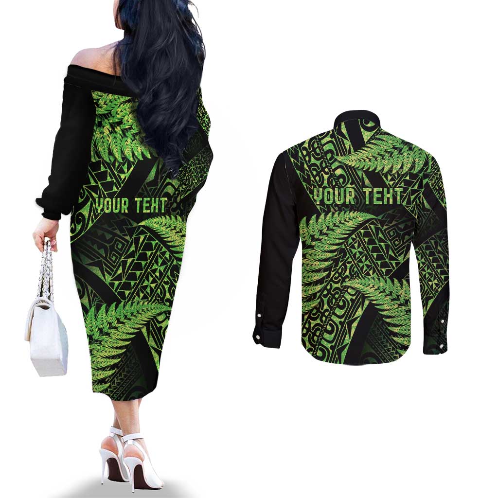 New Zealand Rugby Pacific Personalised Couples Matching Off The Shoulder Long Sleeve Dress and Long Sleeve Button Shirt All Lime Maori Pasifika Fern Pattern