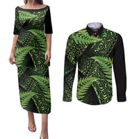New Zealand Rugby Pacific Personalised Couples Matching Puletasi and Long Sleeve Button Shirt All Lime Maori Pasifika Fern Pattern