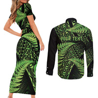 New Zealand Rugby Pacific Personalised Couples Matching Short Sleeve Bodycon Dress and Long Sleeve Button Shirt All Lime Maori Pasifika Fern Pattern
