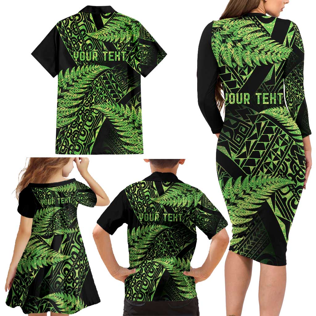 New Zealand Rugby Pacific Personalised Family Matching Long Sleeve Bodycon Dress and Hawaiian Shirt All Lime Maori Pasifika Fern Pattern