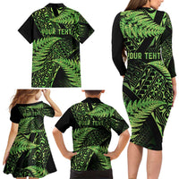 New Zealand Rugby Pacific Personalised Family Matching Long Sleeve Bodycon Dress and Hawaiian Shirt All Lime Maori Pasifika Fern Pattern