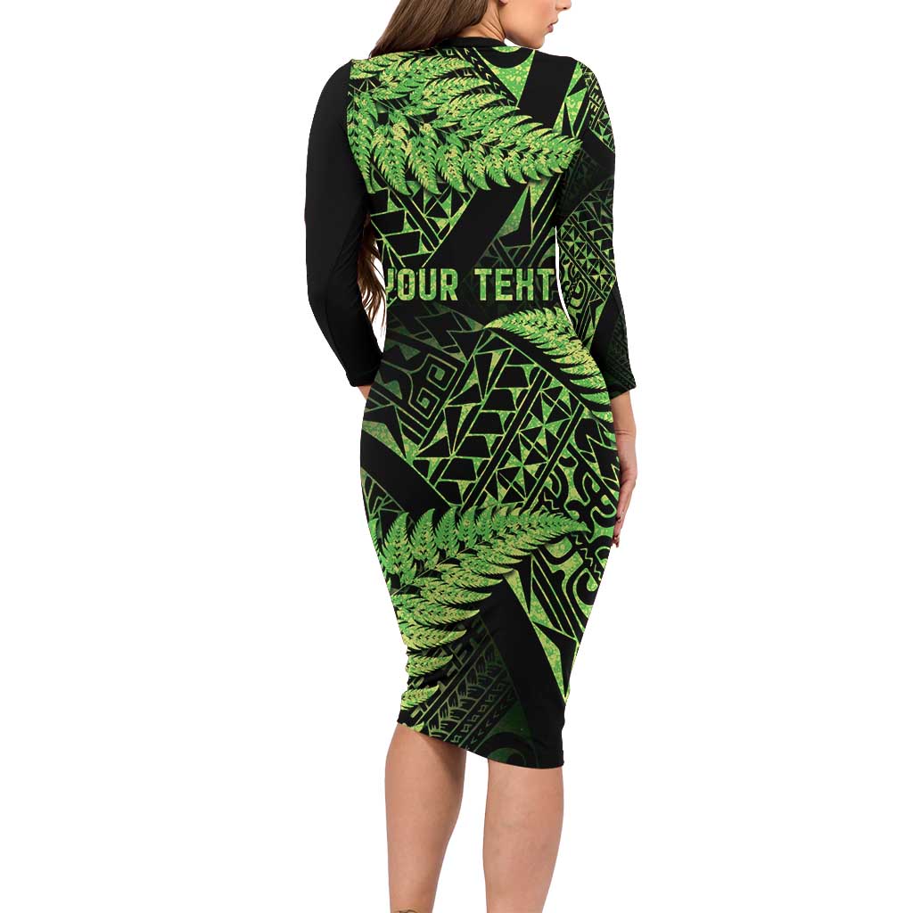 New Zealand Rugby Pacific Personalised Family Matching Long Sleeve Bodycon Dress and Hawaiian Shirt All Lime Maori Pasifika Fern Pattern
