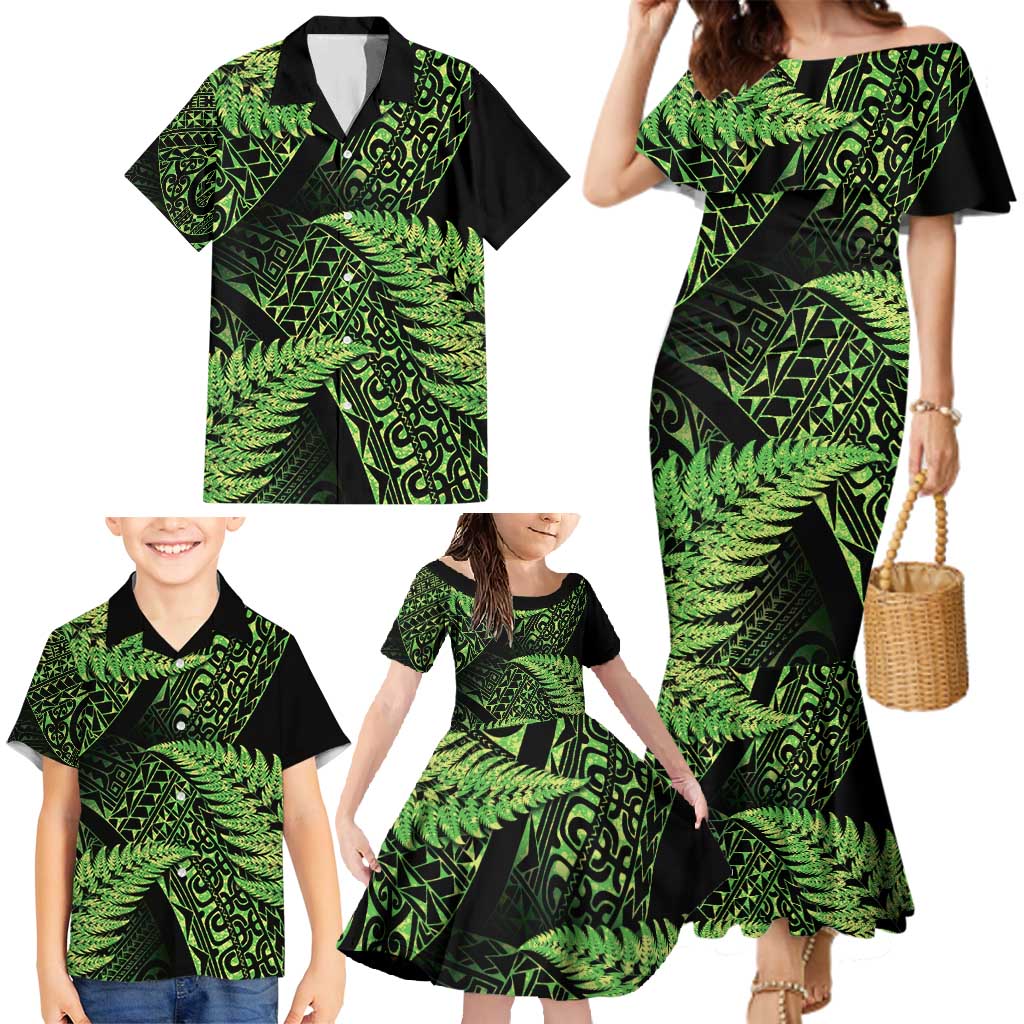 New Zealand Rugby Pacific Personalised Family Matching Mermaid Dress and Hawaiian Shirt All Lime Maori Pasifika Fern Pattern