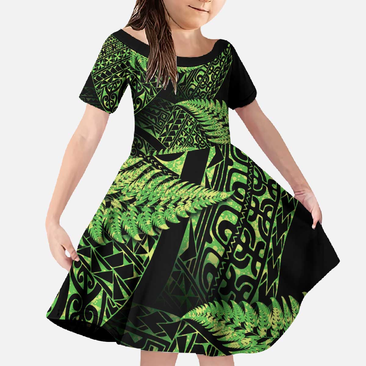 New Zealand Rugby Pacific Personalised Family Matching Off The Shoulder Long Sleeve Dress and Hawaiian Shirt All Lime Maori Pasifika Fern Pattern