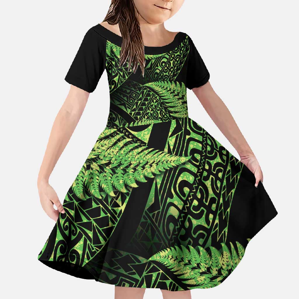 New Zealand Rugby Pacific Personalised Family Matching Off Shoulder Maxi Dress and Hawaiian Shirt All Lime Maori Pasifika Fern Pattern