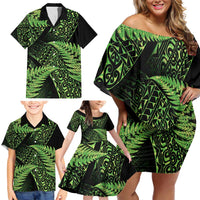 New Zealand Rugby Pacific Personalised Family Matching Off Shoulder Short Dress and Hawaiian Shirt All Lime Maori Pasifika Fern Pattern