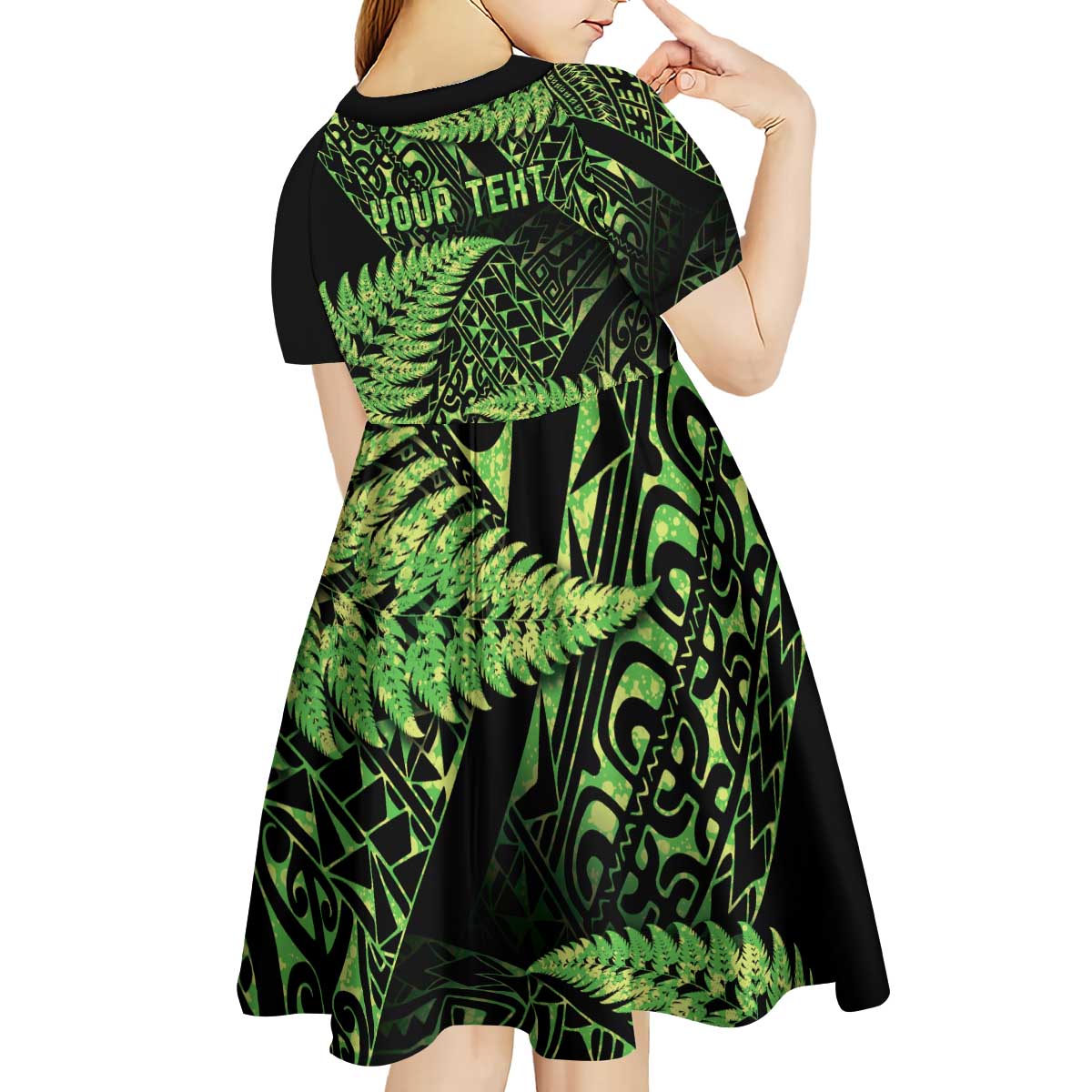 New Zealand Rugby Pacific Personalised Kid Short Sleeve Dress All Lime Maori Pasifika Fern Pattern