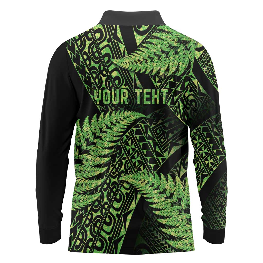 New Zealand Rugby Pacific Personalised Long Sleeve Polo Shirt All Lime Maori Pasifika Fern Pattern