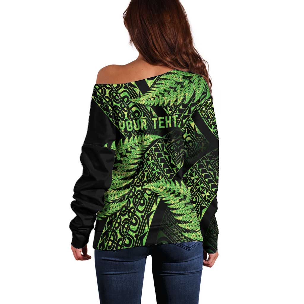 New Zealand Rugby Pacific Personalised Off Shoulder Sweater All Lime Maori Pasifika Fern Pattern